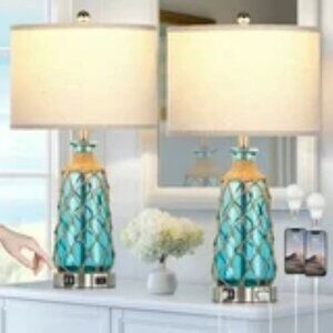 25.5" Coastal Aqua Blue Glass, Table Lamps Set of 2, 3-Way Touch, USB /AC Outlet